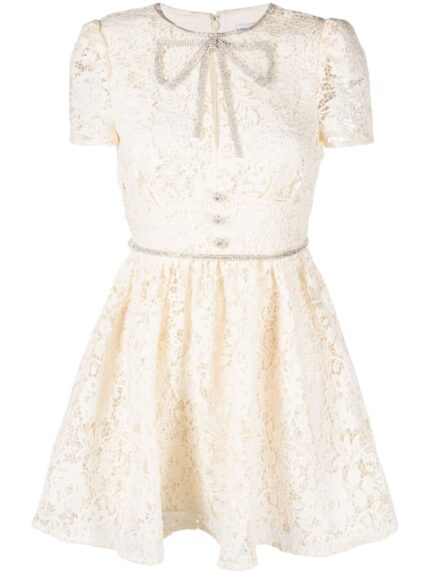 Cream Cord Lace Bow Mini Dress