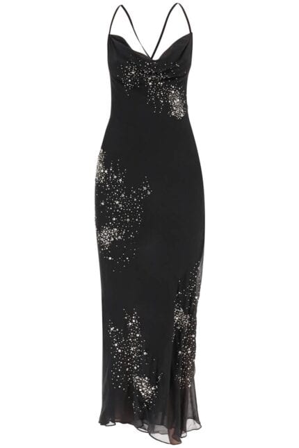 Des Phemmes Silk Chiffon Maxi Dress With Crystal Appliques