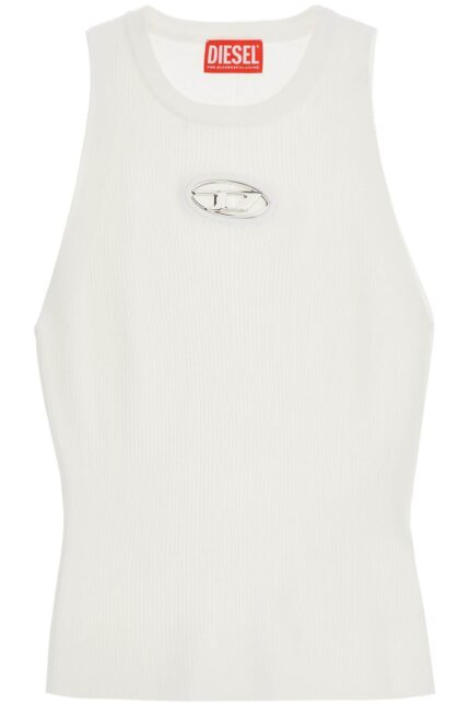 DIESEL White Sleeveless Ribbed Viscose Top With Metallic Insert