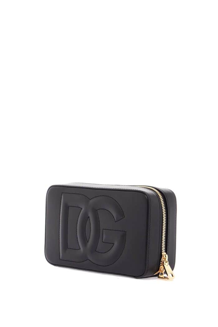 DOLCE & GABBANA Black Calfskin Shoulder Bag With Embossed Logo And Adjustable Strap