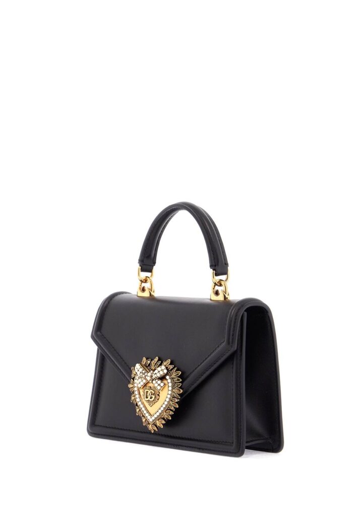 DOLCE & GABBANA Black Calfskin Shoulder Bag With Rhinestone Details And Gold Chain
