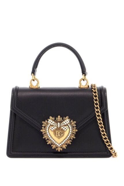 DOLCE & GABBANA Black Calfskin Shoulder Bag With Rhinestone Details And Gold Chain