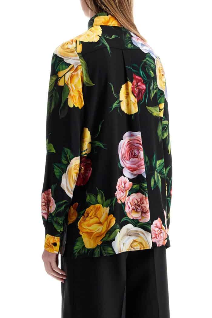 DOLCE & GABBANA Black Silk Shirt With Multicolored Roses And Yellow Buttons