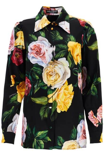 DOLCE & GABBANA Black Silk Shirt With Multicolored Roses And Yellow Buttons