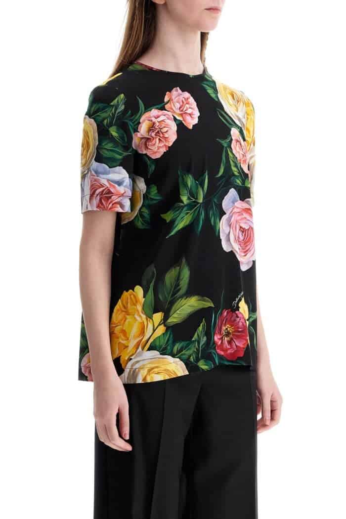 DOLCE & GABBANA Black Silk T-shirt With Floral Print