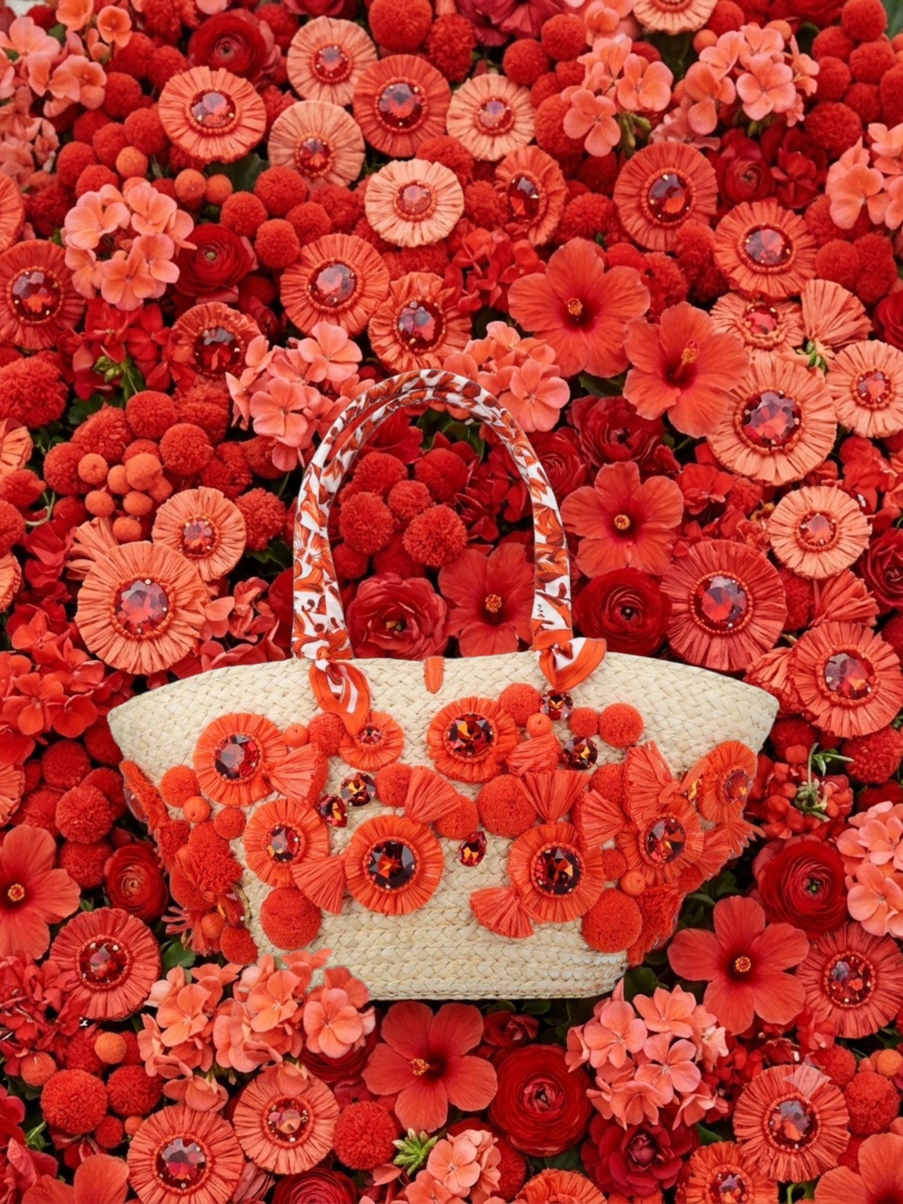 Top-down view of the Dolce & Gabbana woven straw Coffa 'Capri' tote bag resting on a dense bed of red and coral geraniums, ranunculus, and hibiscus flowers. The bag features distinctive red pom-poms, crystal-embellished embroidered floral discs, and red and white patterned silk scarf handles.