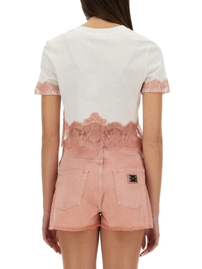 Dolce & Gabbana CROPPED JERSEY T-SHIRT WITH LACE INSERTS