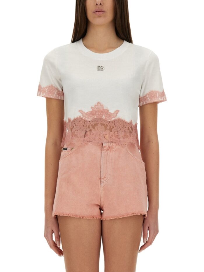 Dolce & Gabbana CROPPED JERSEY T-SHIRT WITH LACE INSERTS