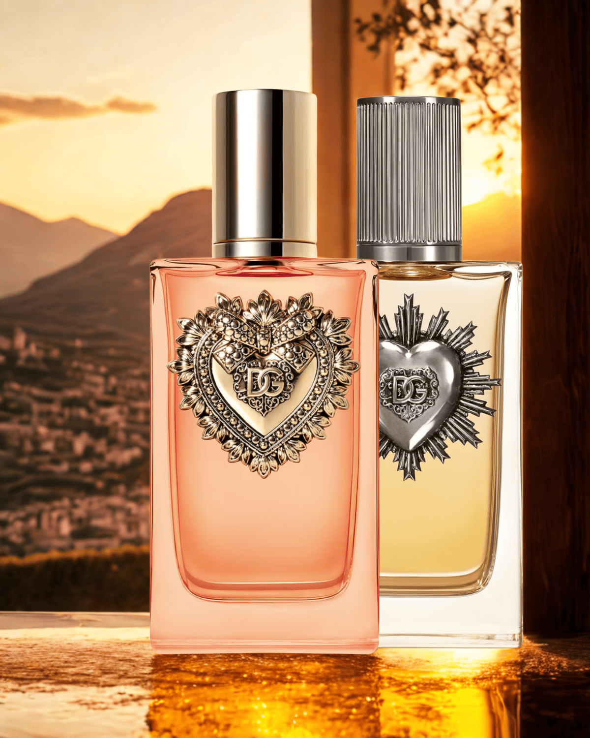 Dolce & Gabbana Devotion fragrances for men and women on a golden table at sunset, reflecting passion and Italian craftsmanship.
