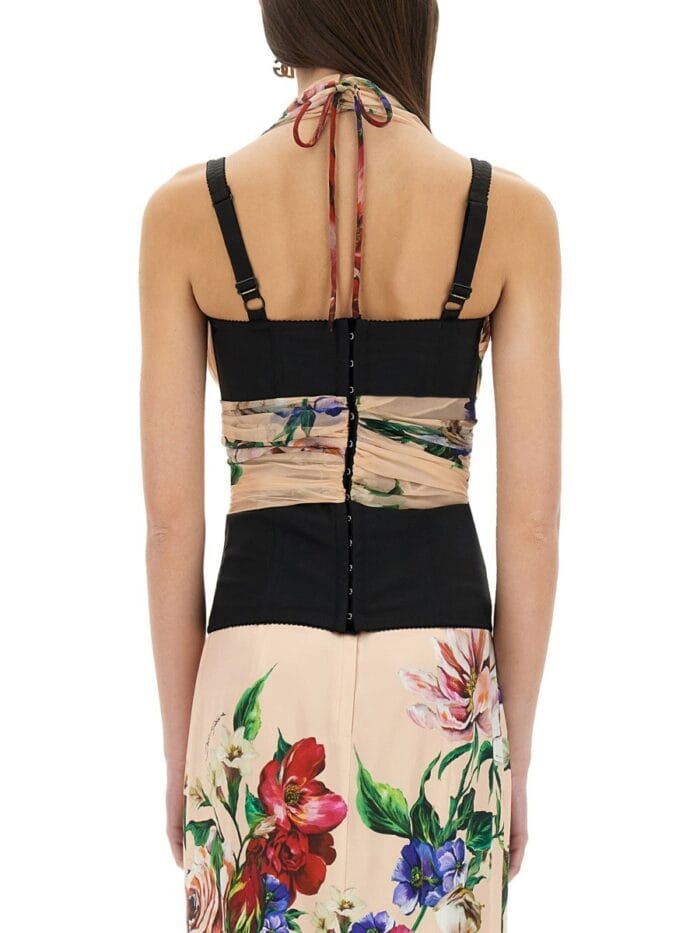 Dolce & Gabbana FLOWER PRINT MARQUISETTE AND CHIFFON BUSTIER TOP
