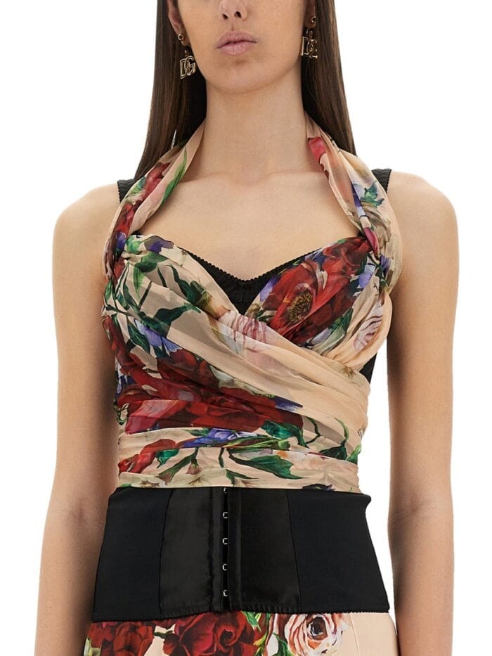Dolce & Gabbana FLOWER PRINT MARQUISETTE AND CHIFFON BUSTIER TOP