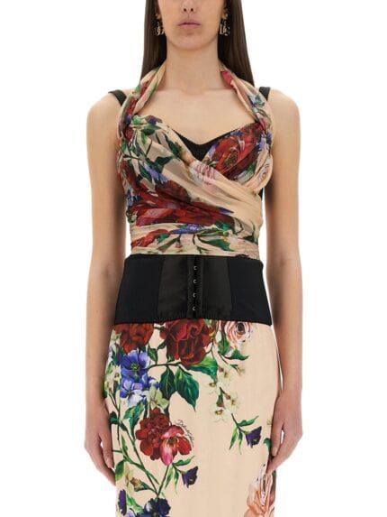 Dolce & Gabbana FLOWER PRINT MARQUISETTE AND CHIFFON BUSTIER TOP