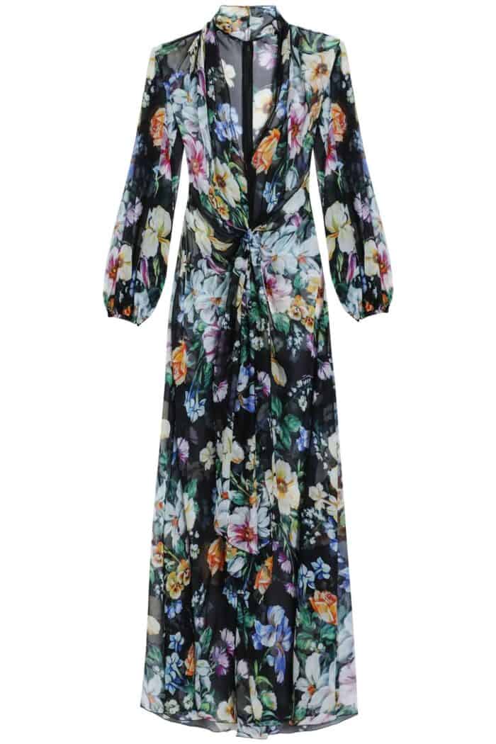 DOLCE & GABBANA Long Black Silk Dress With Floral Pattern