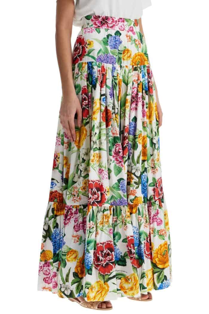 DOLCE & GABBANA Maxi Skirt With High Waist In White Cotton Floral For Spring Summer