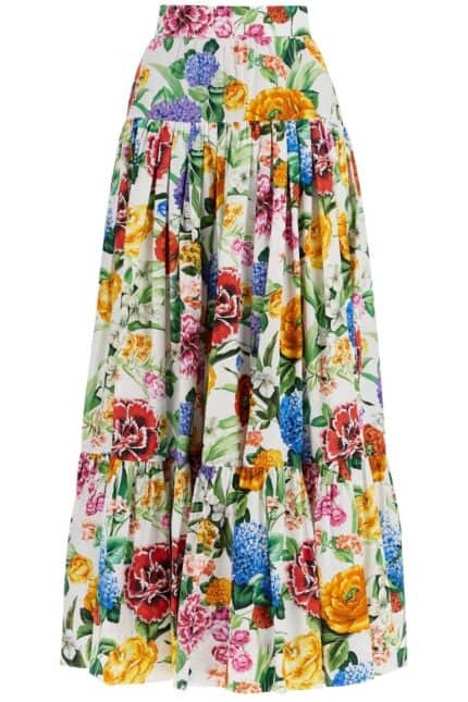 DOLCE & GABBANA Maxi Skirt With High Waist In White Cotton Floral For Spring Summer