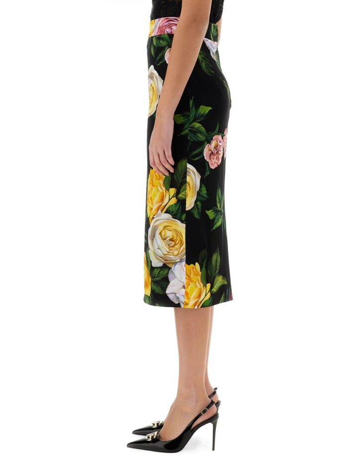 Dolce & Gabbana PEONY AND ROSE PRINT CHARMEUSE LONGUETTE SKIRT