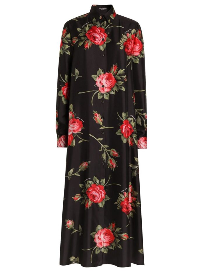 Dolce & Gabbana ROSE BOUQUET PRINT TWILL LONG DRESS