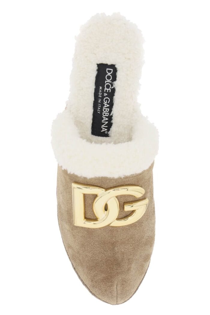 Dolce & Gabbana Suede And Faux Fur Clogs With Dg Logo.