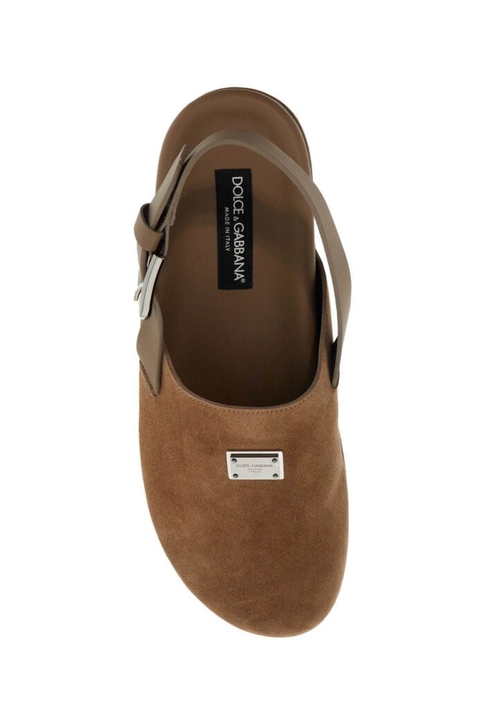 dolce & gabbana suede leather clogs with logo plate DOLCE & GABBANA Suede Leather Clogs With Logo Plate