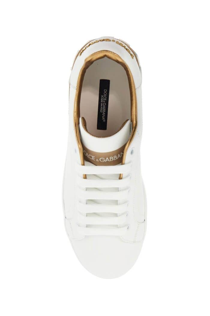 DOLCE & GABBANA White Calfskin Low-top Sneakers With Gold Details And Velcro Closure