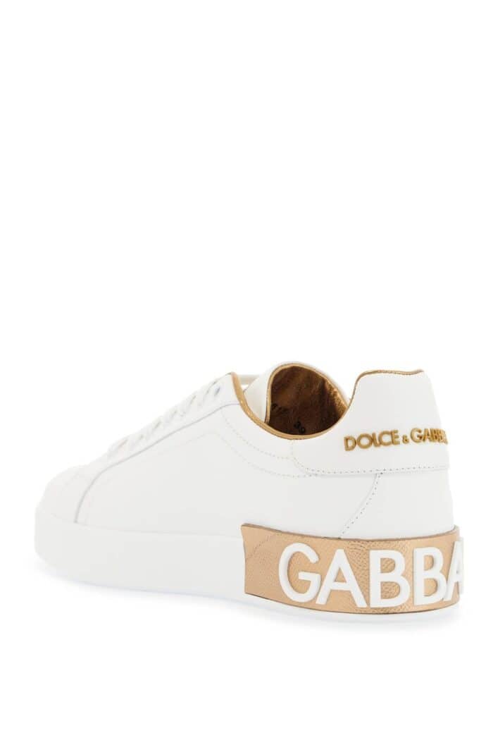 DOLCE & GABBANA White Calfskin Low-top Sneakers With Gold Details And Velcro Closure