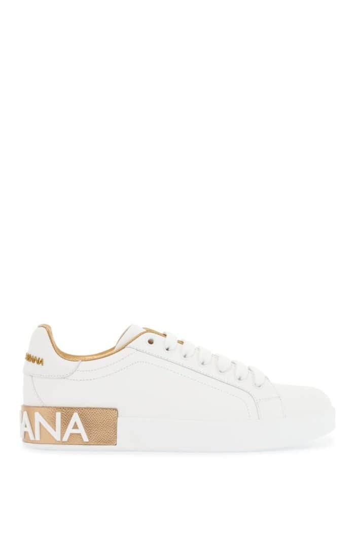 DOLCE & GABBANA White Calfskin Low-top Sneakers With Gold Details And Velcro Closure