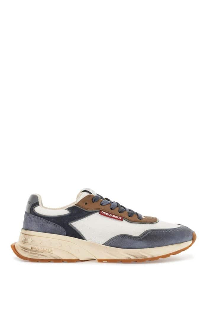 DSQUARED2 Low Top Blue Denim Sneakers In Leather With Suede Inserts And Rubber Sole