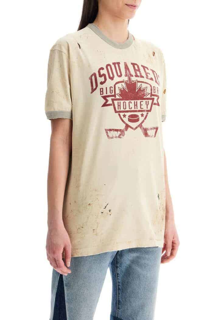 DSQUARED2 Short Sleeve Cotton Champagne T-shirt With Logo And Maple Leaf