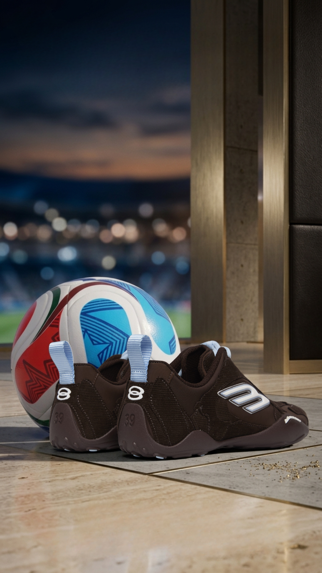Vertical luxury fashion banner featuring a close-up of brown designer women's sneakers next to a colorful geometric soccer ball on a polished marble floor, with a dramatic, blurred stadium crowd and evening floodlights in the background.