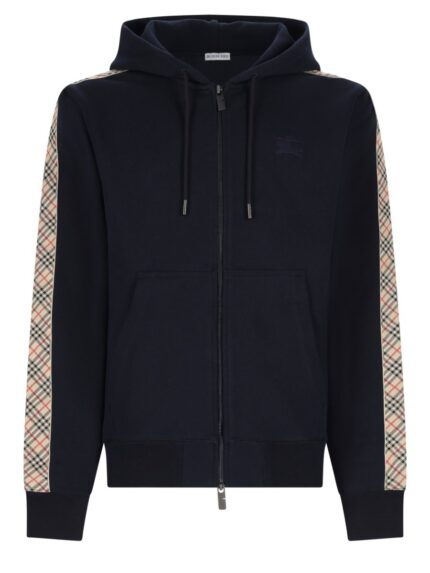 Burberry Felpa In Cotone Con Cappuccio, Cerniera E Finiture Check