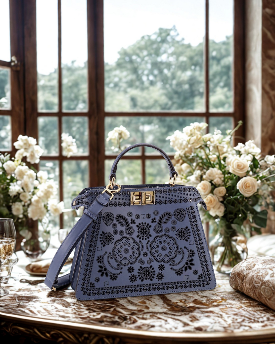 Fendi Peekaboo ISeeU handbag in lavender leather with floral cut-out design displayed on a marble table — part of Fendi Seasonal Offers at THE WISHLINE.