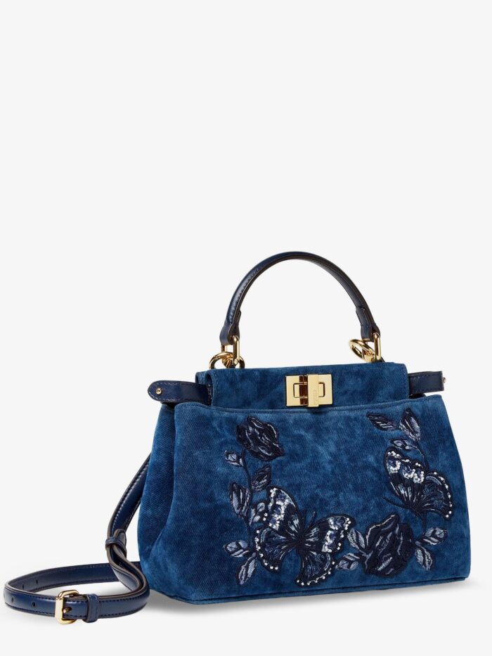 Fendi Peekaboo Mini Denim Crossbody Bag With Night Butterfly Embroidery