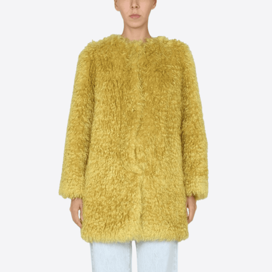 Model Wearing a Dark Yellow Faux Fur Women's Coat.