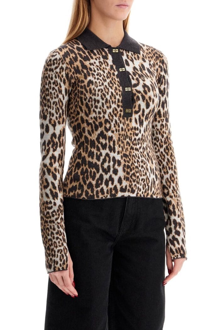 GANNI Animal Print Jacquard Knit Polo