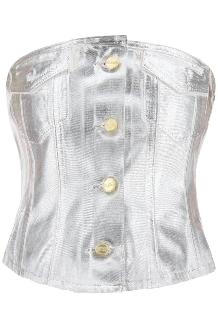 GANNI Bustier Top In Foil Denim