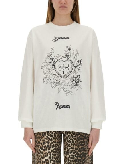 GANNI COTTON EMBROIDERED T-SHIRT