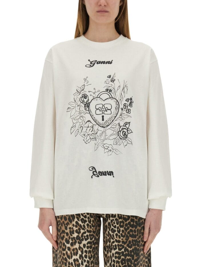 GANNI COTTON EMBROIDERED T-SHIRT