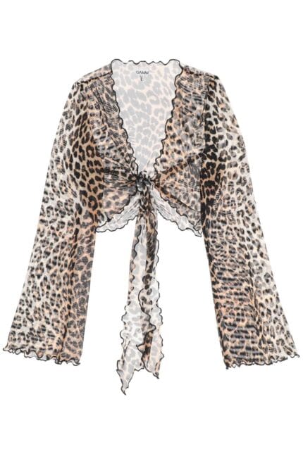 Ganni Cover Up Cropped Top In Mesh With Leopard Print