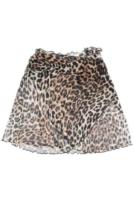 Ganni Cover Up Mini Skirt In Mesh With Leopard Print