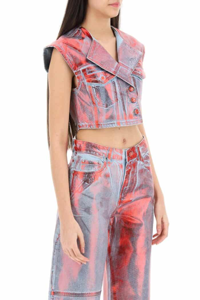 Ganni Cropped Vest In Laminated Denim