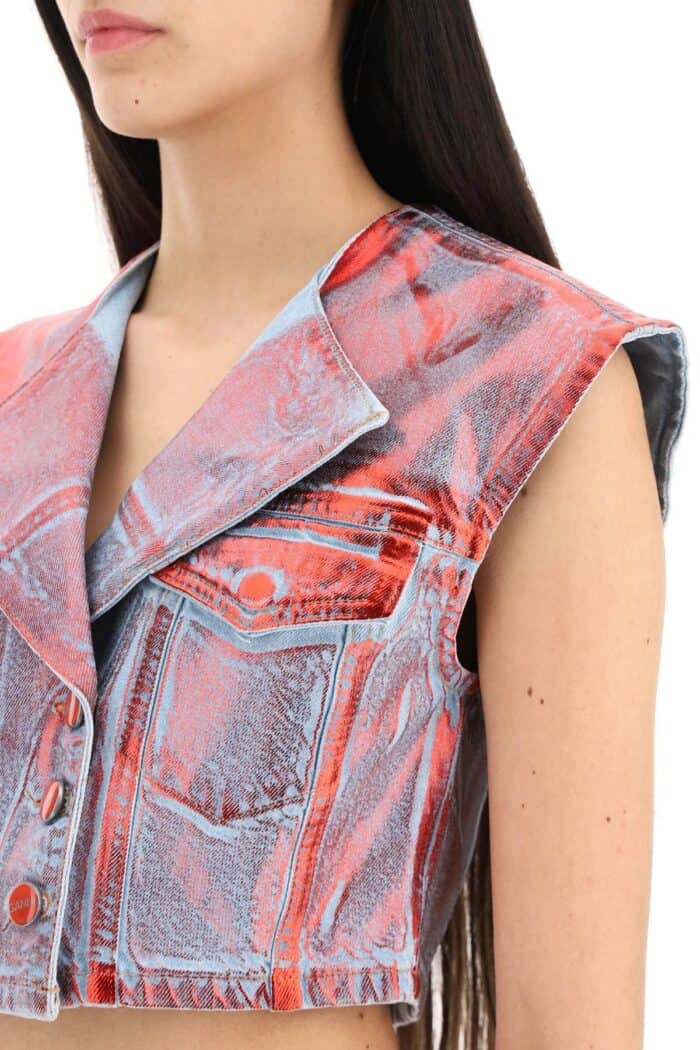 Ganni Cropped Vest In Laminated Denim