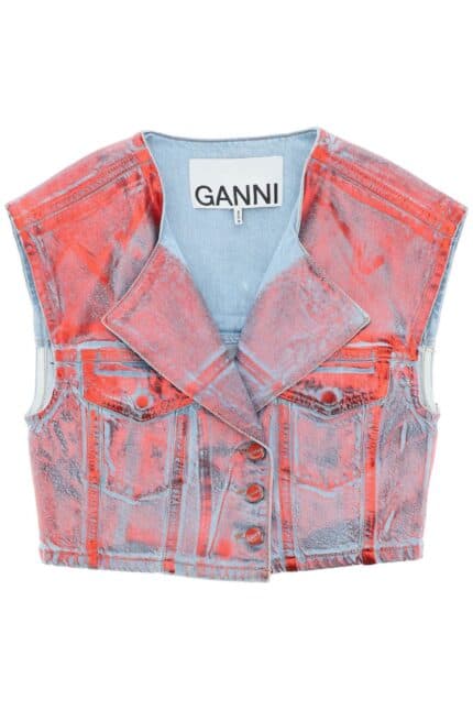 Ganni Cropped Vest In Laminated Denim