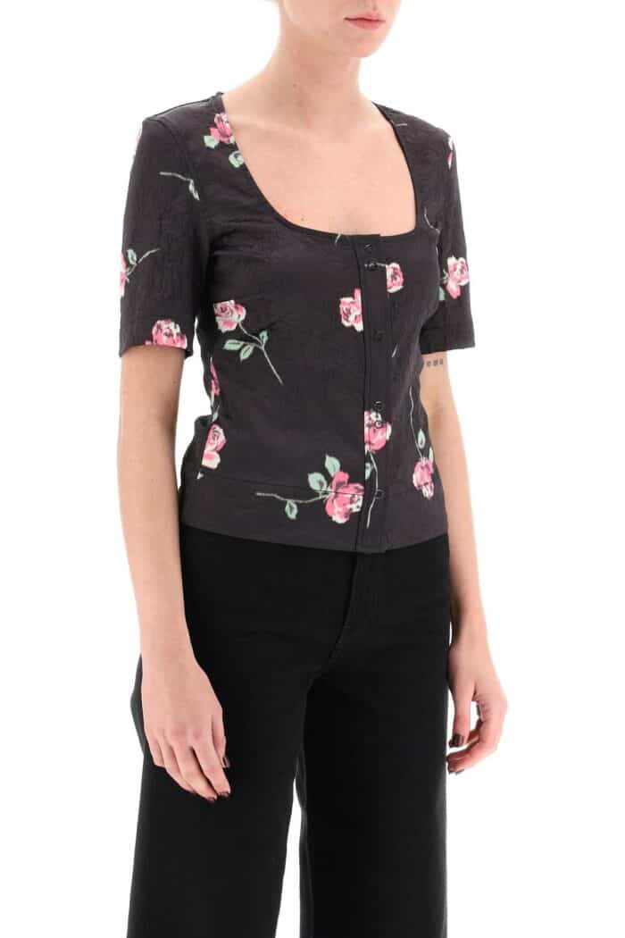 Ganni Floral Crinkle-effect Satin Top