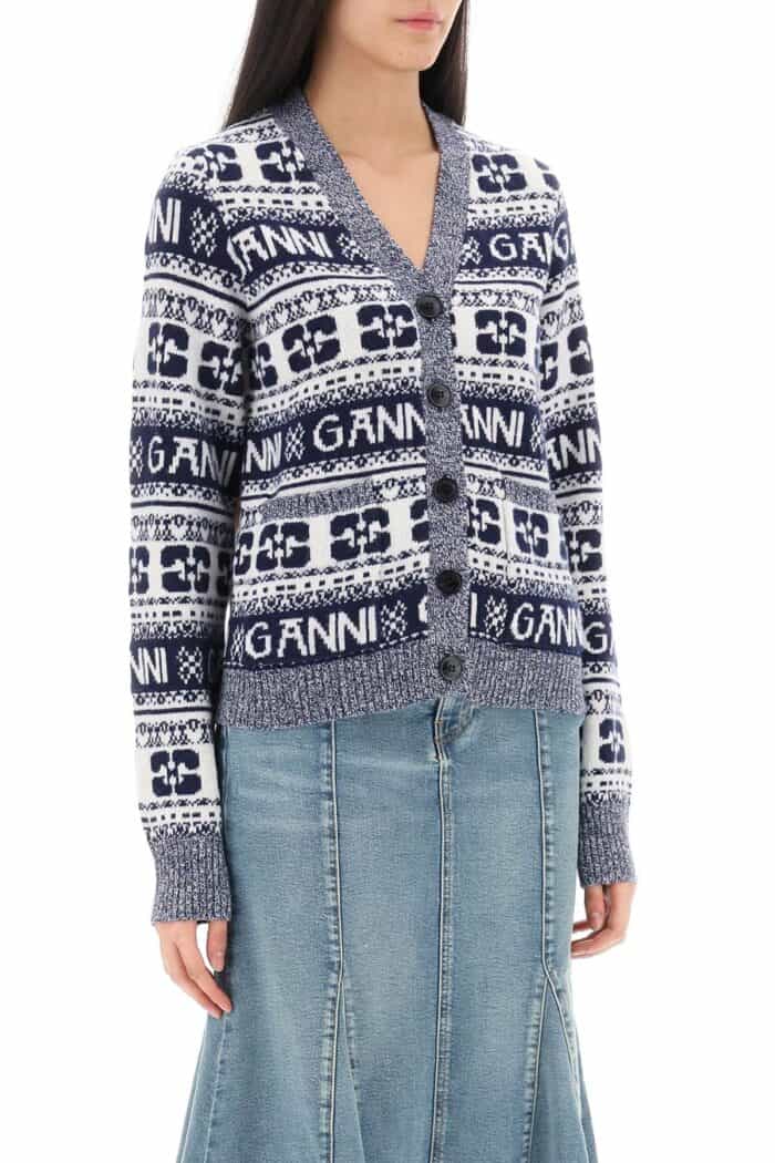 GANNI Jacquard Wool Cardigan With Logo Pattern