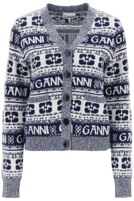 GANNI Jacquard Wool Cardigan With Logo Pattern