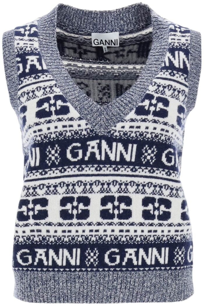 GANNI Jacquard Wool Vest With Logo Pattern