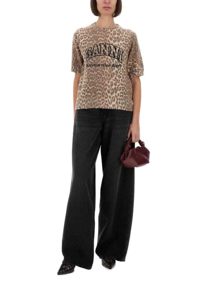 GANNI LEOPARD WOOL T-SHIRT