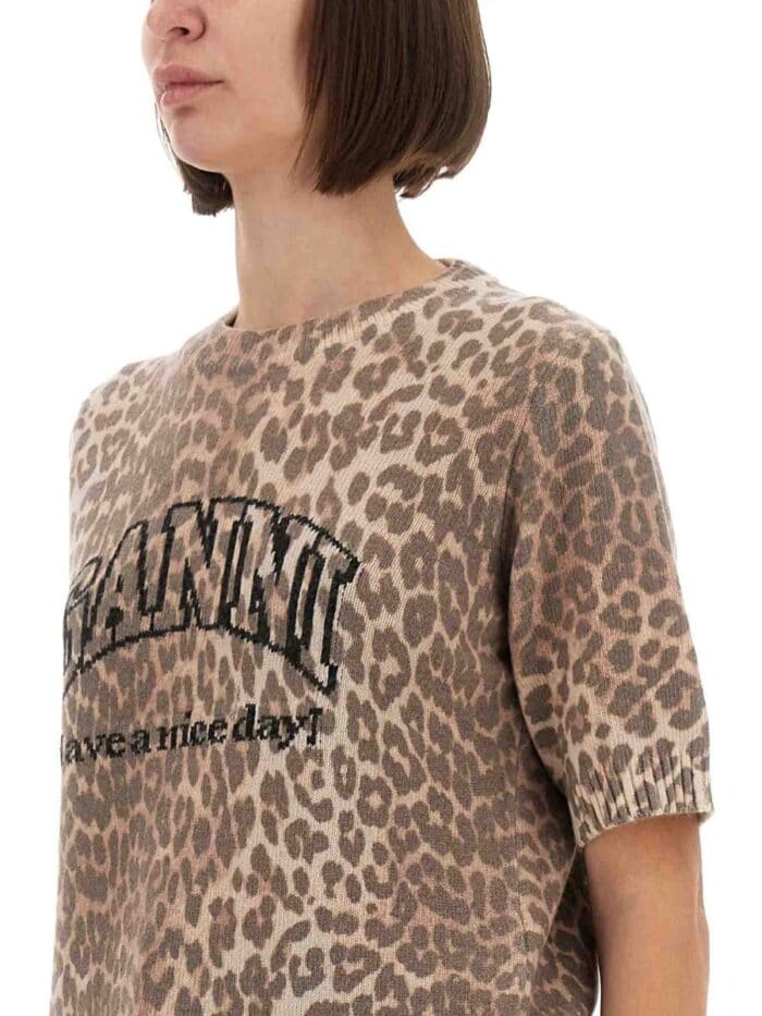 GANNI LEOPARD WOOL T-SHIRT
