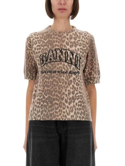 GANNI LEOPARD WOOL T-SHIRT