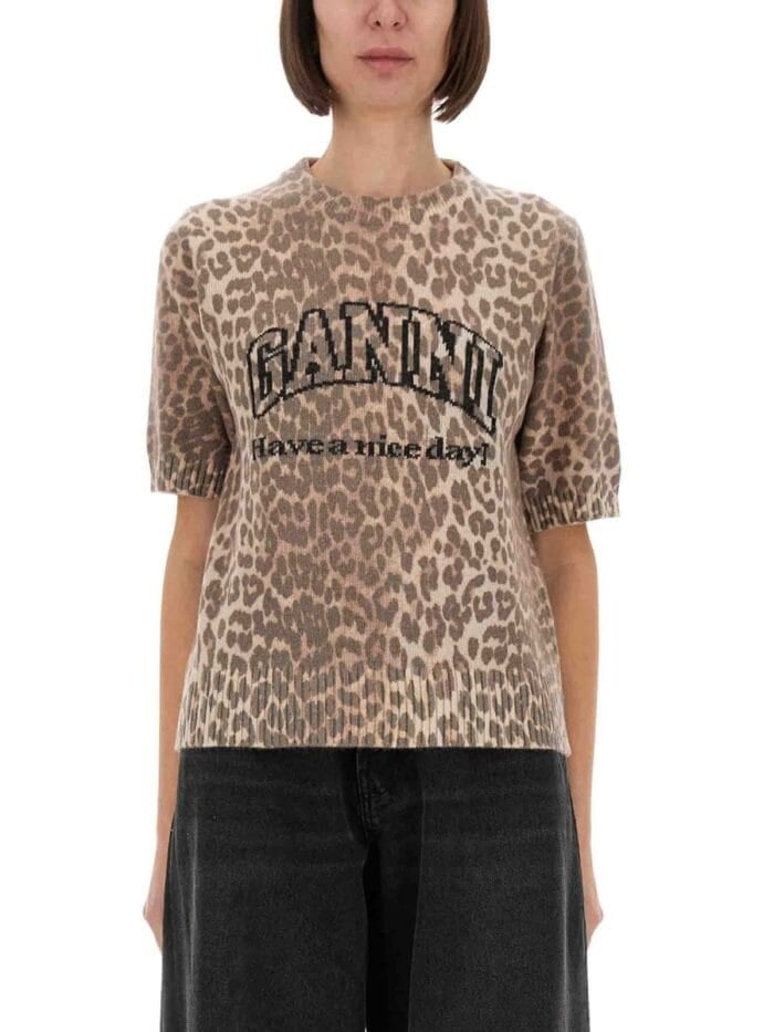 GANNI LEOPARD WOOL T-SHIRT